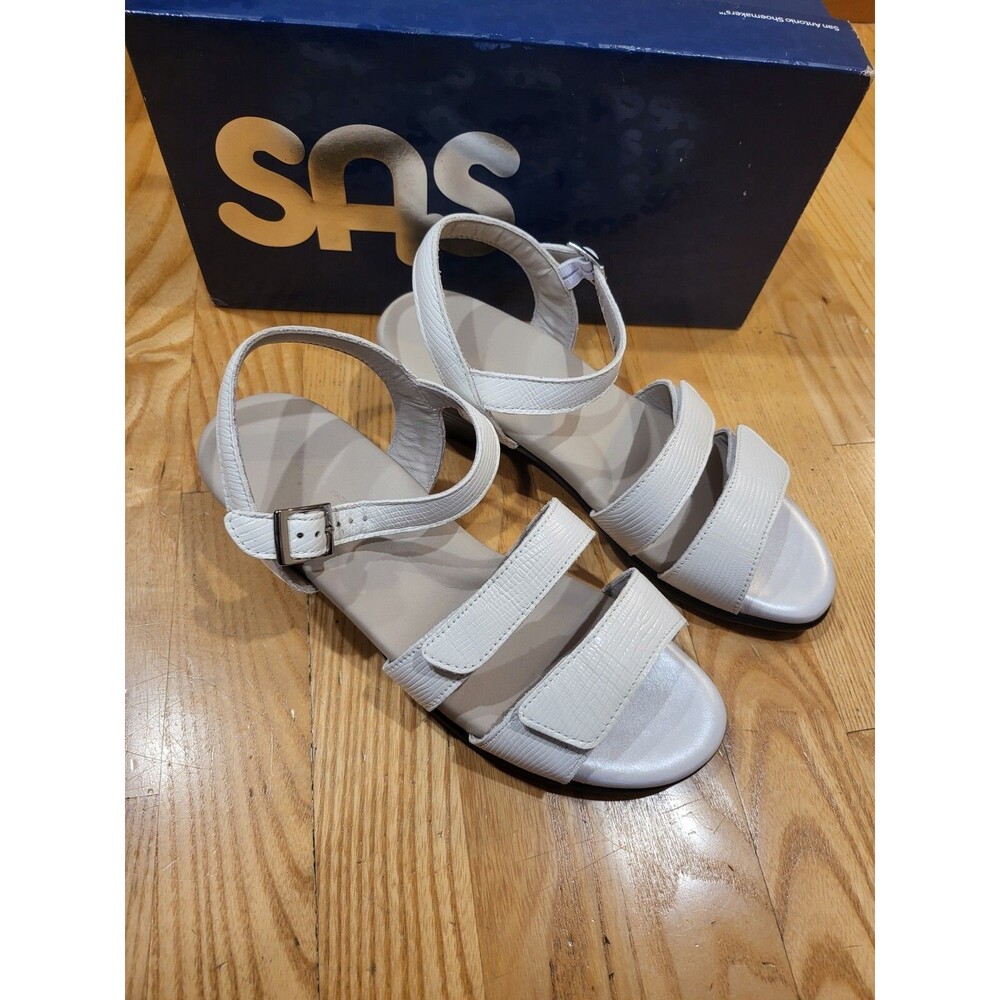 SAS Savanna White Lizard Leather Sandals Womens 8M Adjustable Comfort Heels